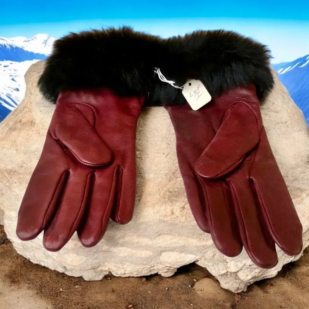 Vintage Leather Gloves Oxblood Brown Acrylic Lining Fur Cuffs Womens Large New